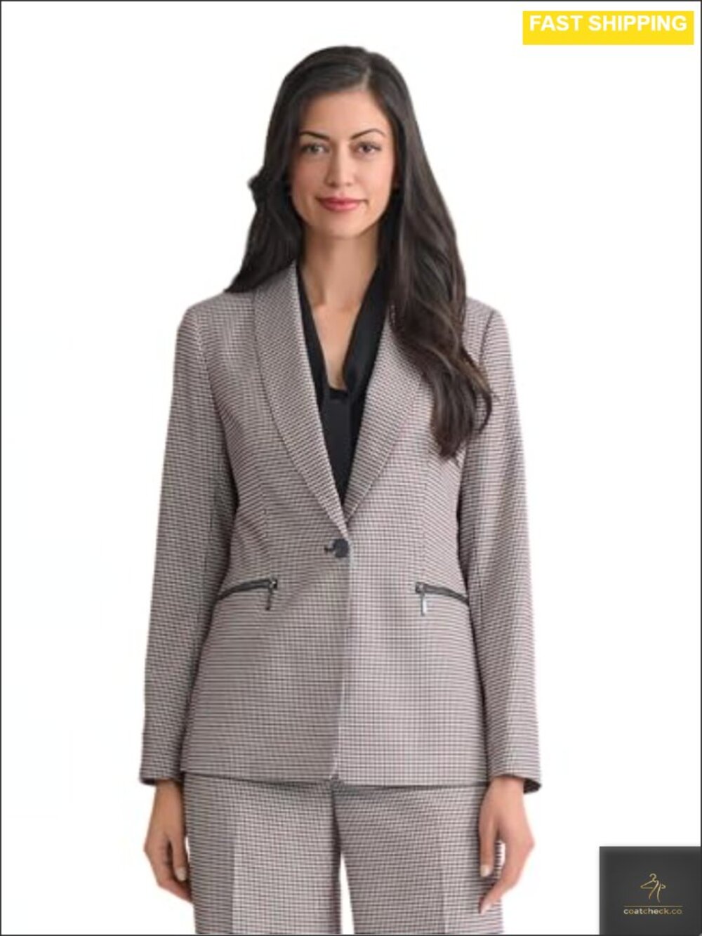Houndstooth One Button Blazer Long Sleeve Shawl Collar Business Casual